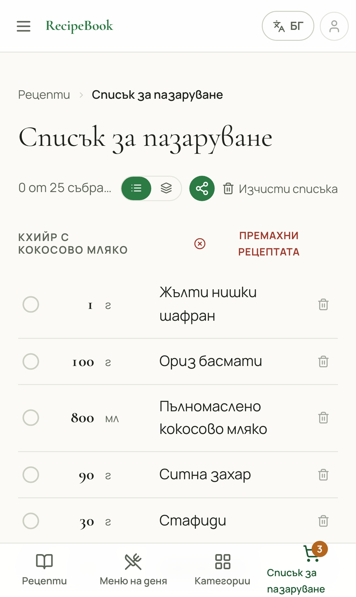 Списък за пазаруване със съставки, групирани под рецептата, от която идват