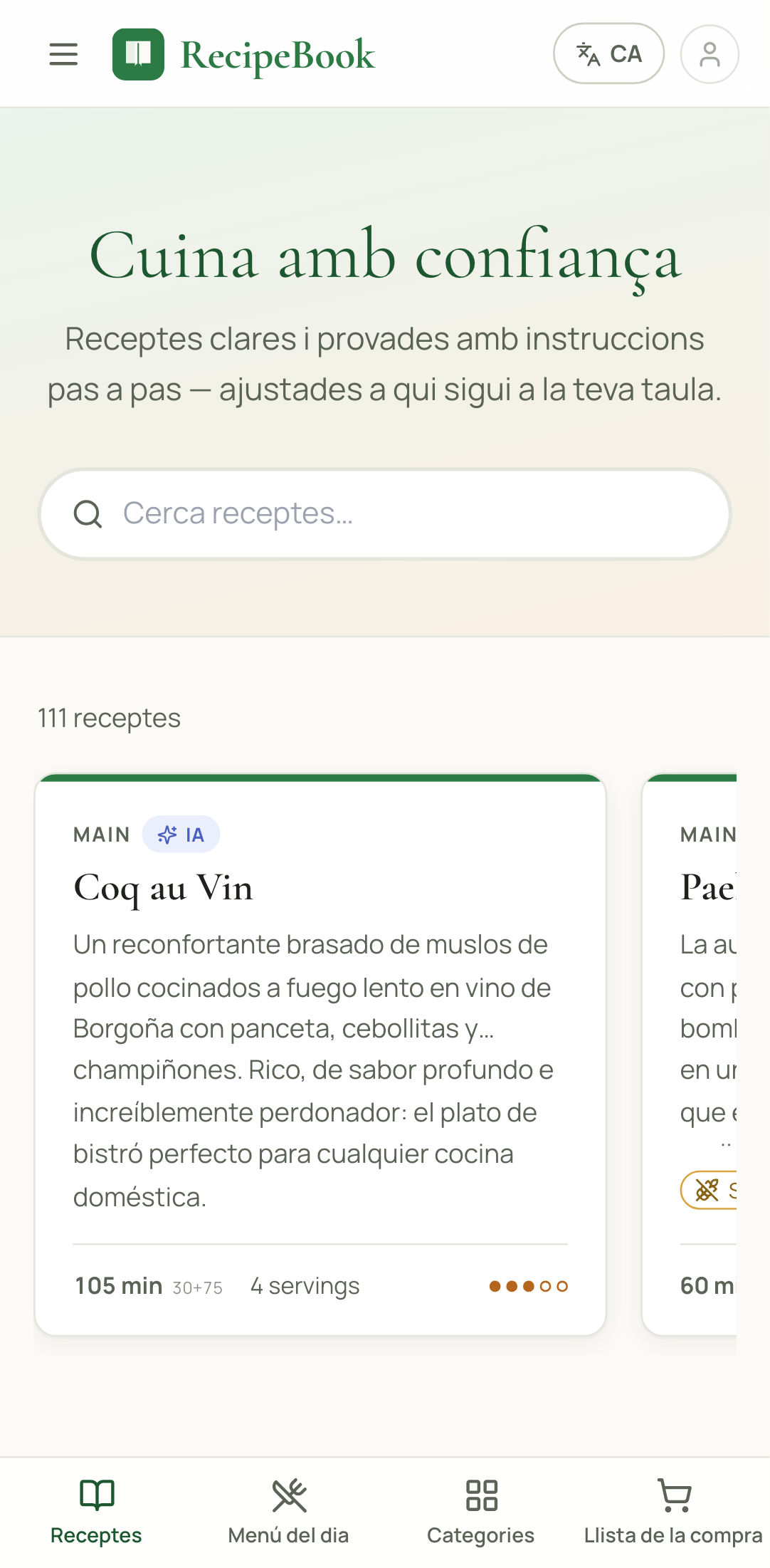 La pàgina d'inici de RecipeBook oberta a Chrome en un mòbil Android