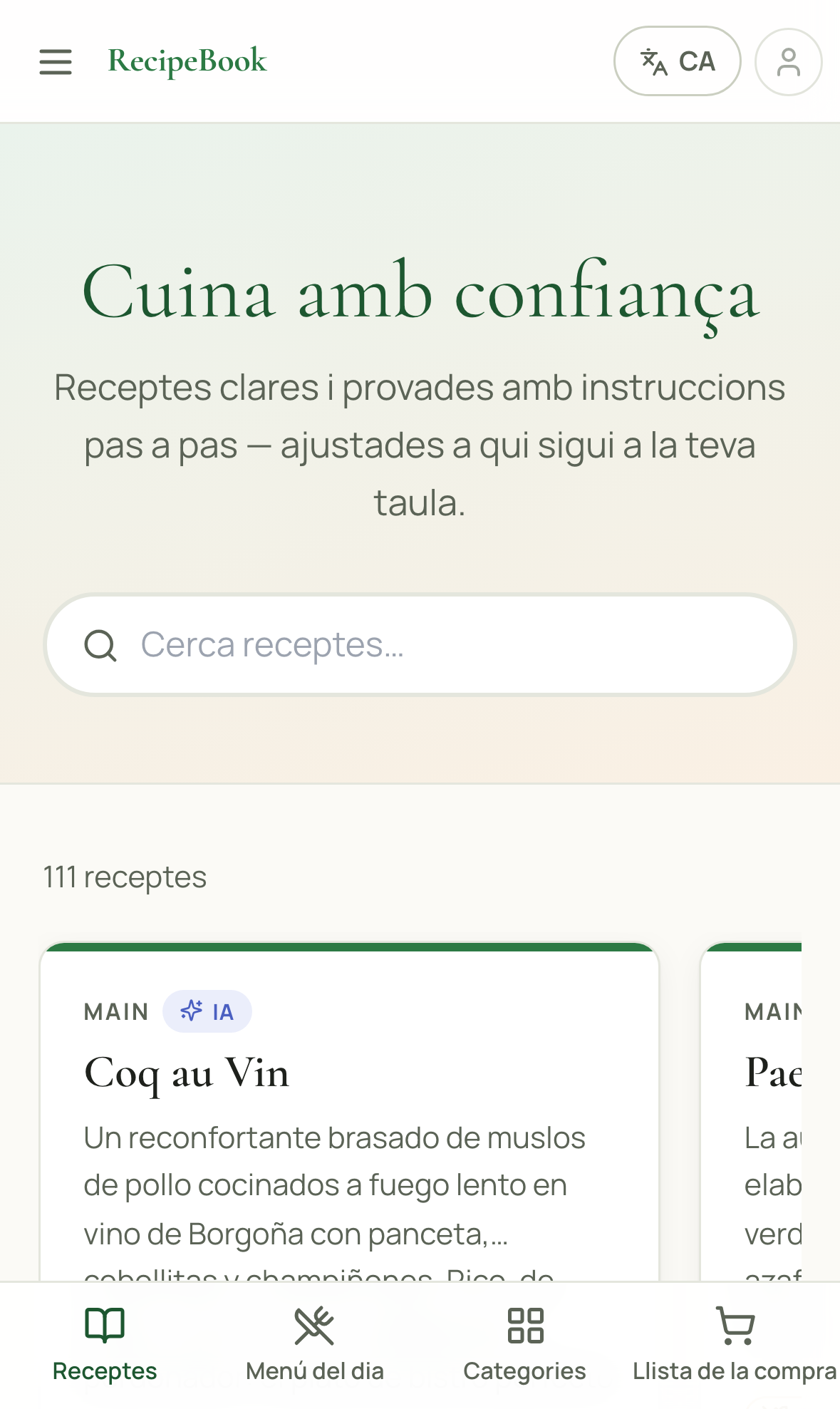 Cercant una recepta a la pàgina d'inici de RecipeBook