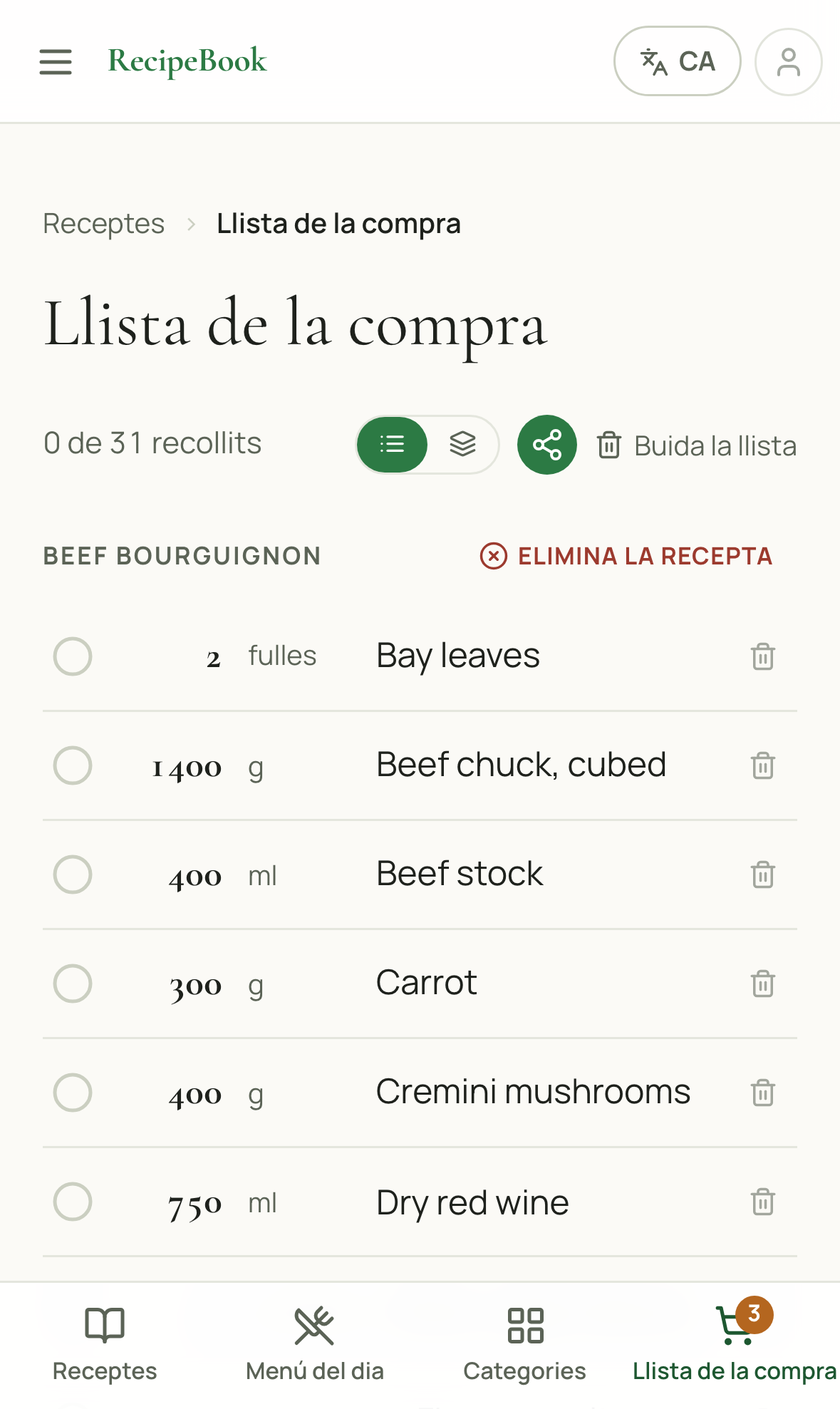 Una llista de la compra amb els ingredients agrupats sota la recepta d'origen