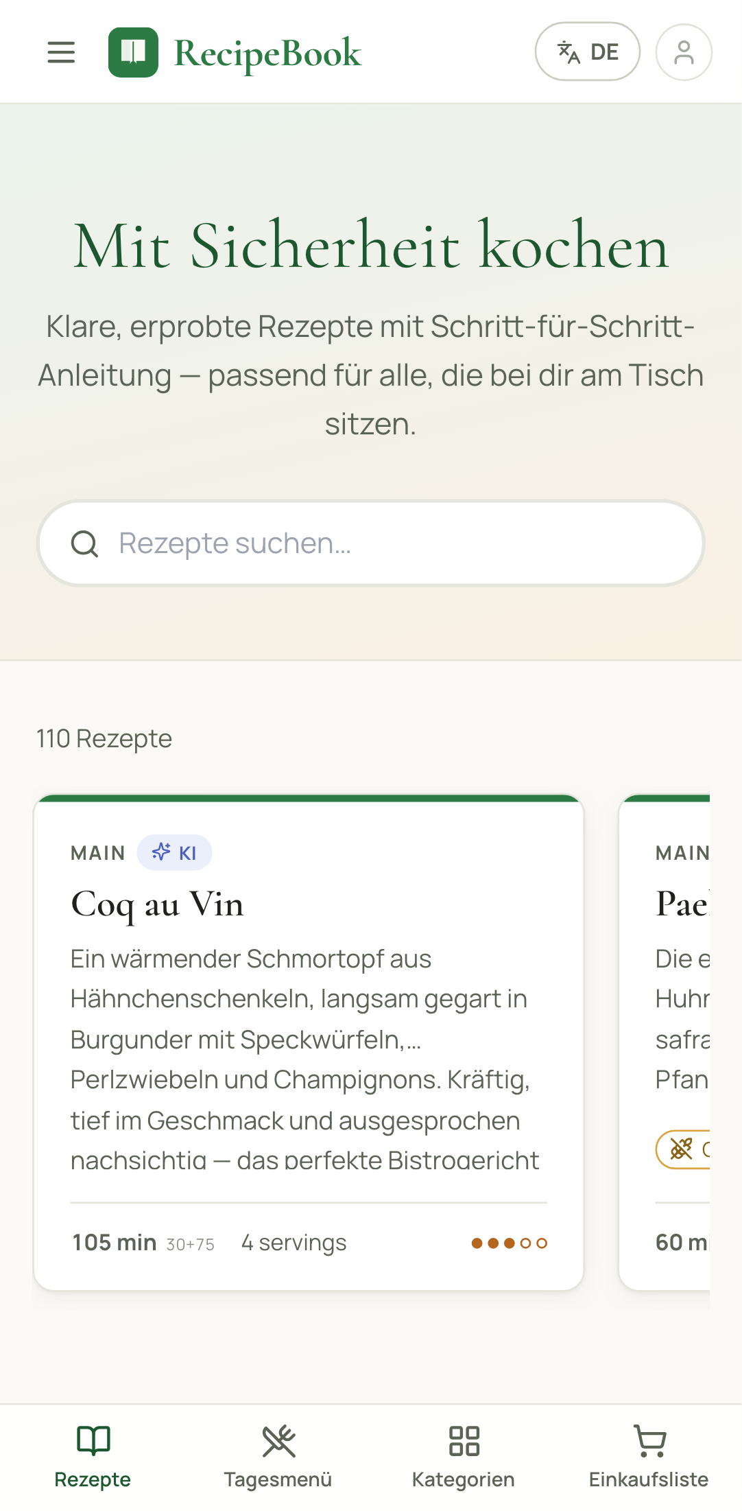Die RecipeBook-Startseite geöffnet in Chrome auf einem Android-Handy