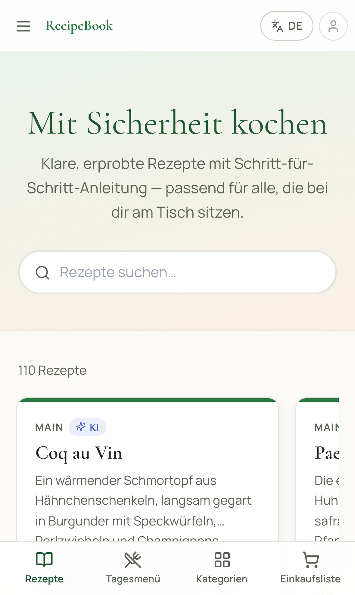 Die RecipeBook-Startseite geöffnet in Safari auf einem iPhone