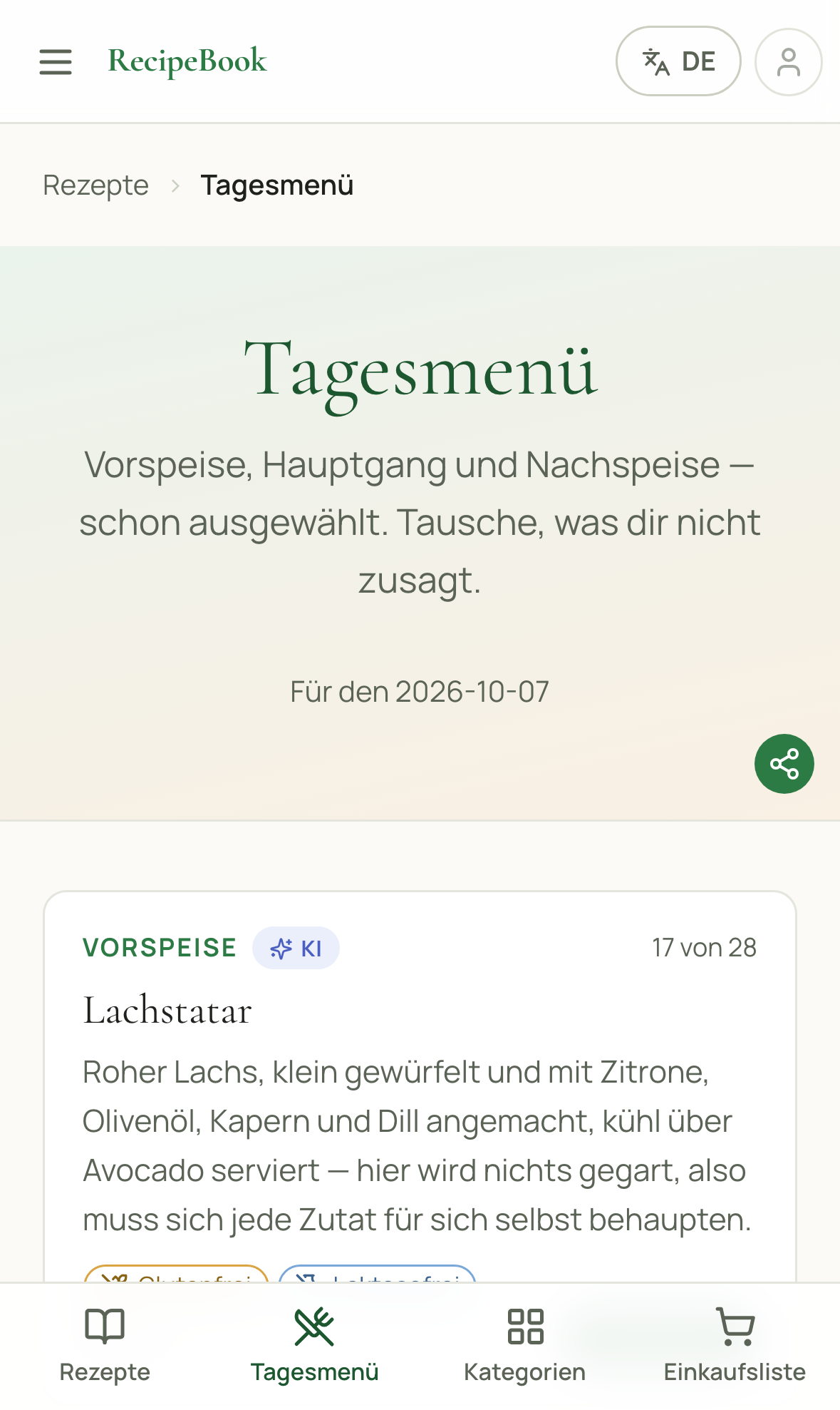 Die Seite „Menü des Tages“ mit Vorspeise, Hauptgericht und Nachtisch sowie einer Tauschen-Schaltfläche