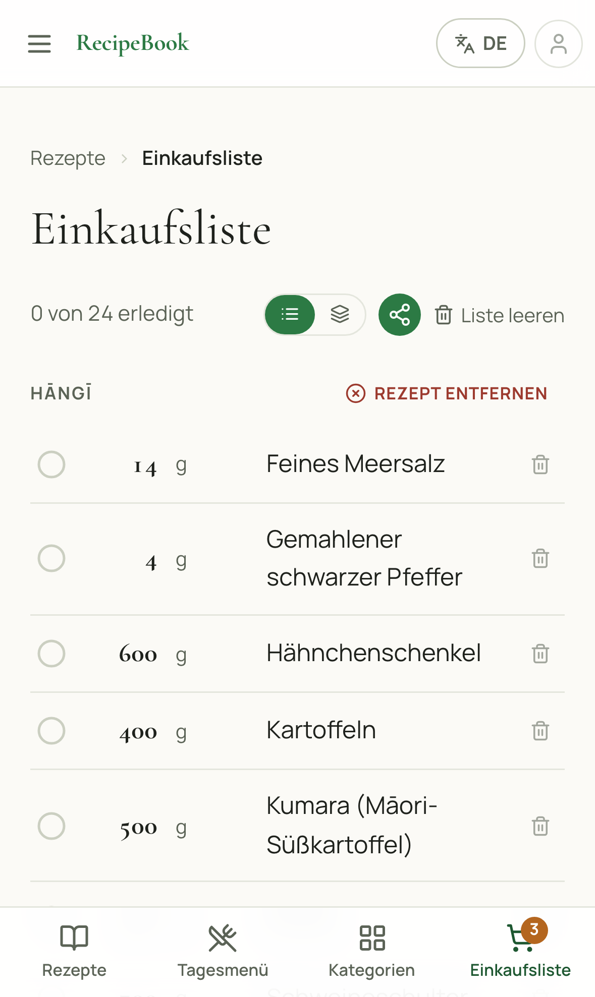 Eine Einkaufsliste mit Zutaten, gruppiert unter dem Rezept, aus dem sie stammen