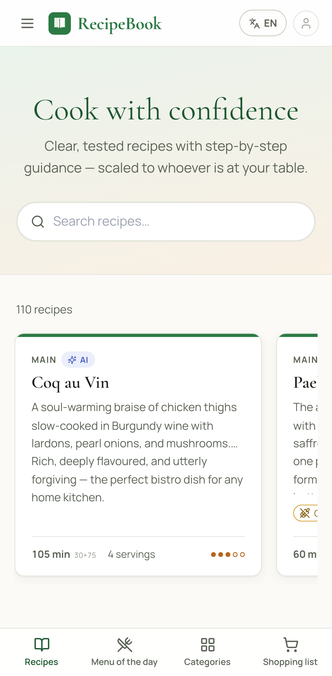 The RecipeBook home page open in Chrome on an Android phone