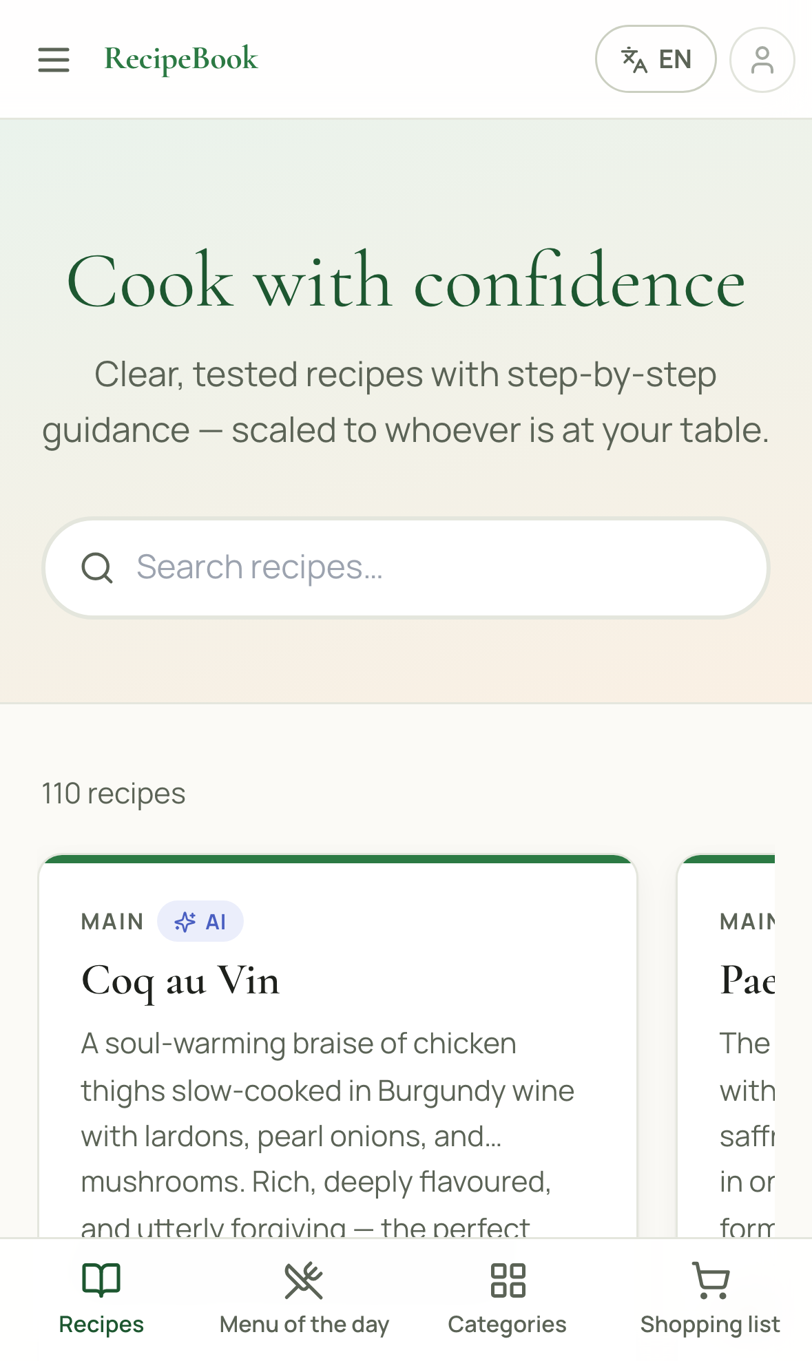 The RecipeBook home page open in Safari on an iPhone
