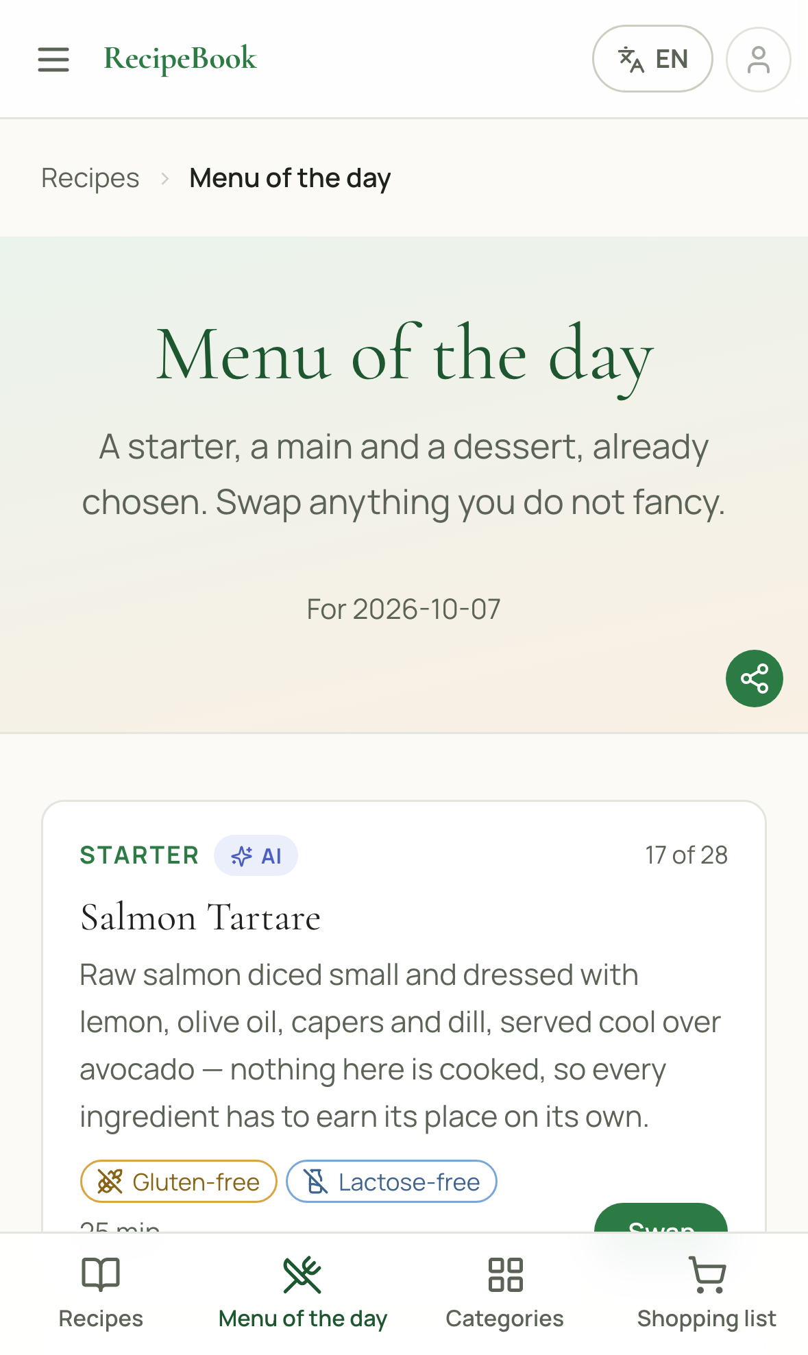 The Menu of the day page showing a starter, main and dessert with a Swap button