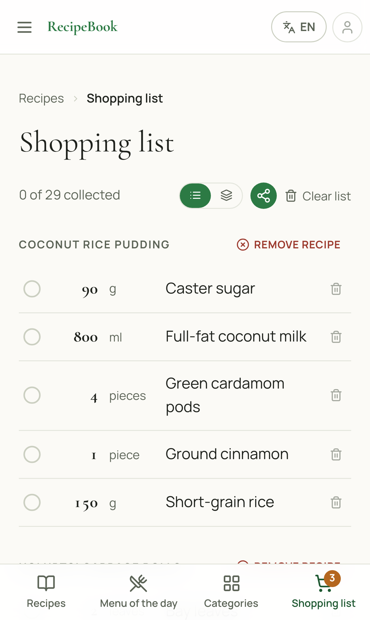 A shopping list with ingredients grouped under the recipe they came from