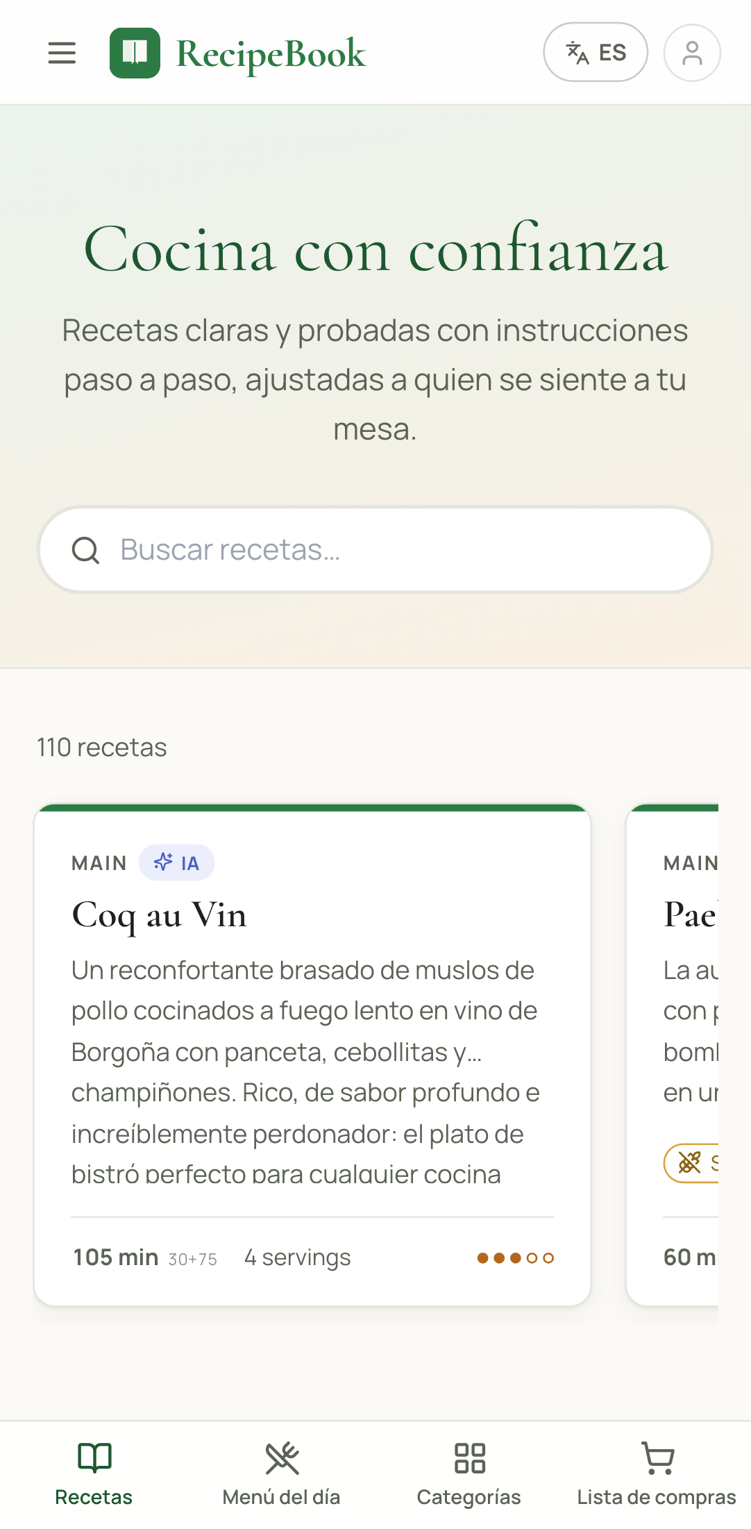 La página de inicio de RecipeBook abierta en Chrome en un teléfono Android