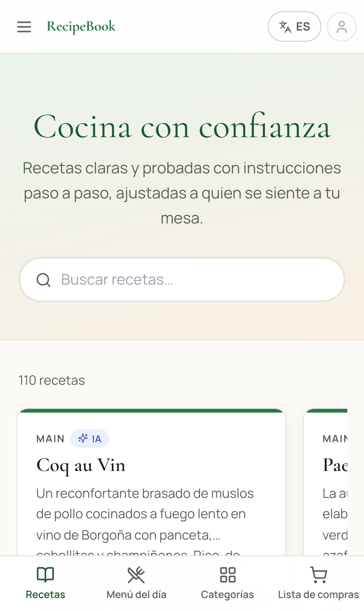Buscando una receta en la página de inicio de RecipeBook