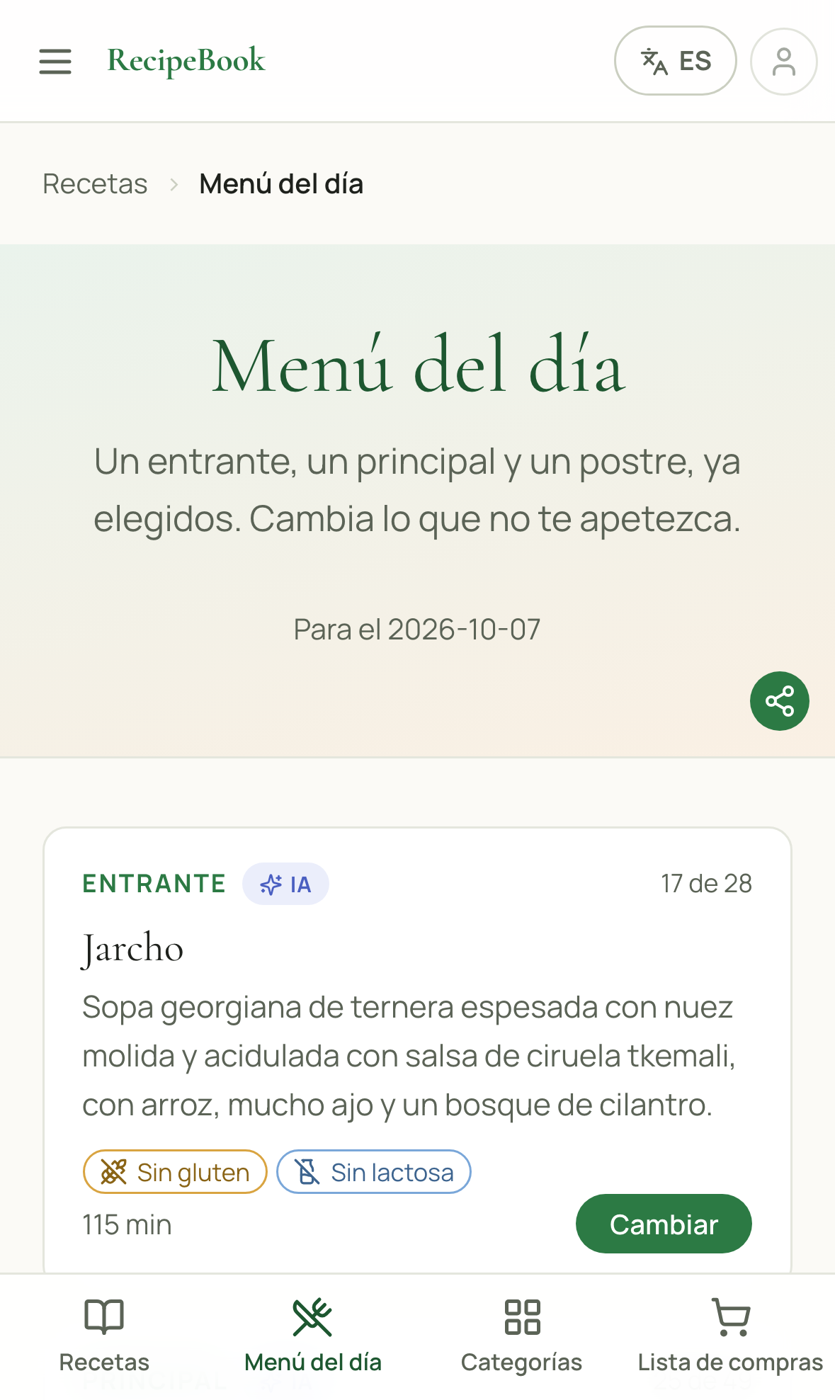 La página del menú del día mostrando un entrante, un plato principal y un postre con un botón Cambiar