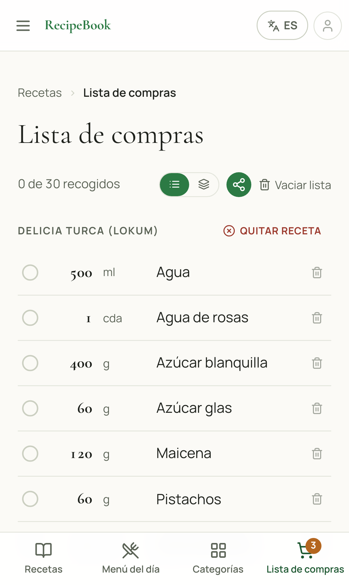 Una lista de la compra con ingredientes agrupados bajo la receta de la que proceden