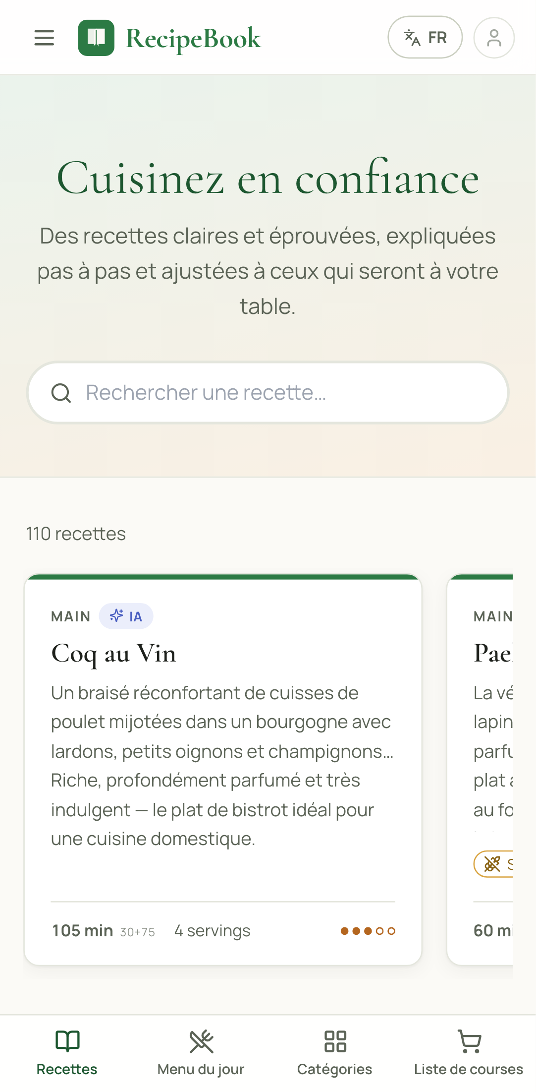 La page d'accueil de RecipeBook ouverte dans Chrome sur un téléphone Android
