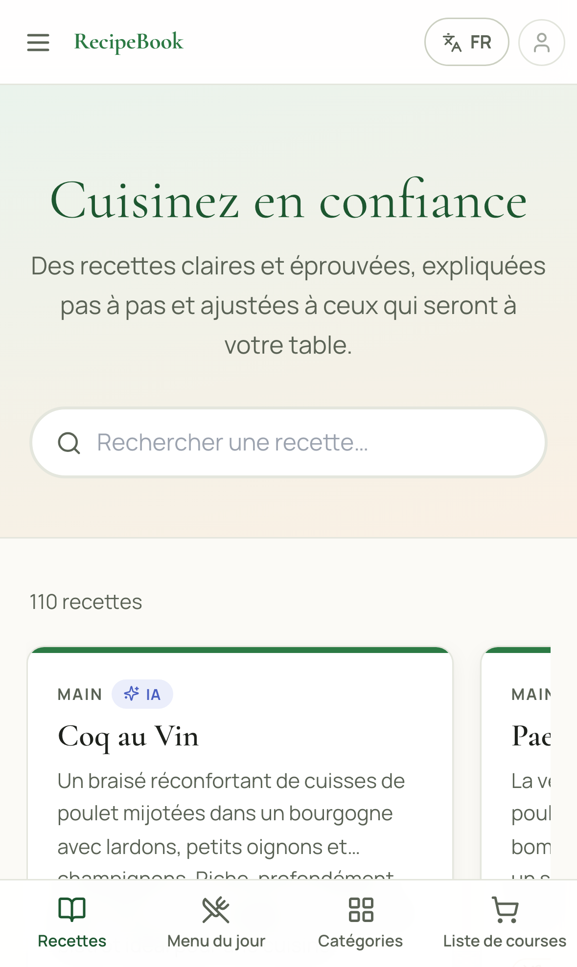 La page d'accueil de RecipeBook ouverte dans Safari sur un iPhone