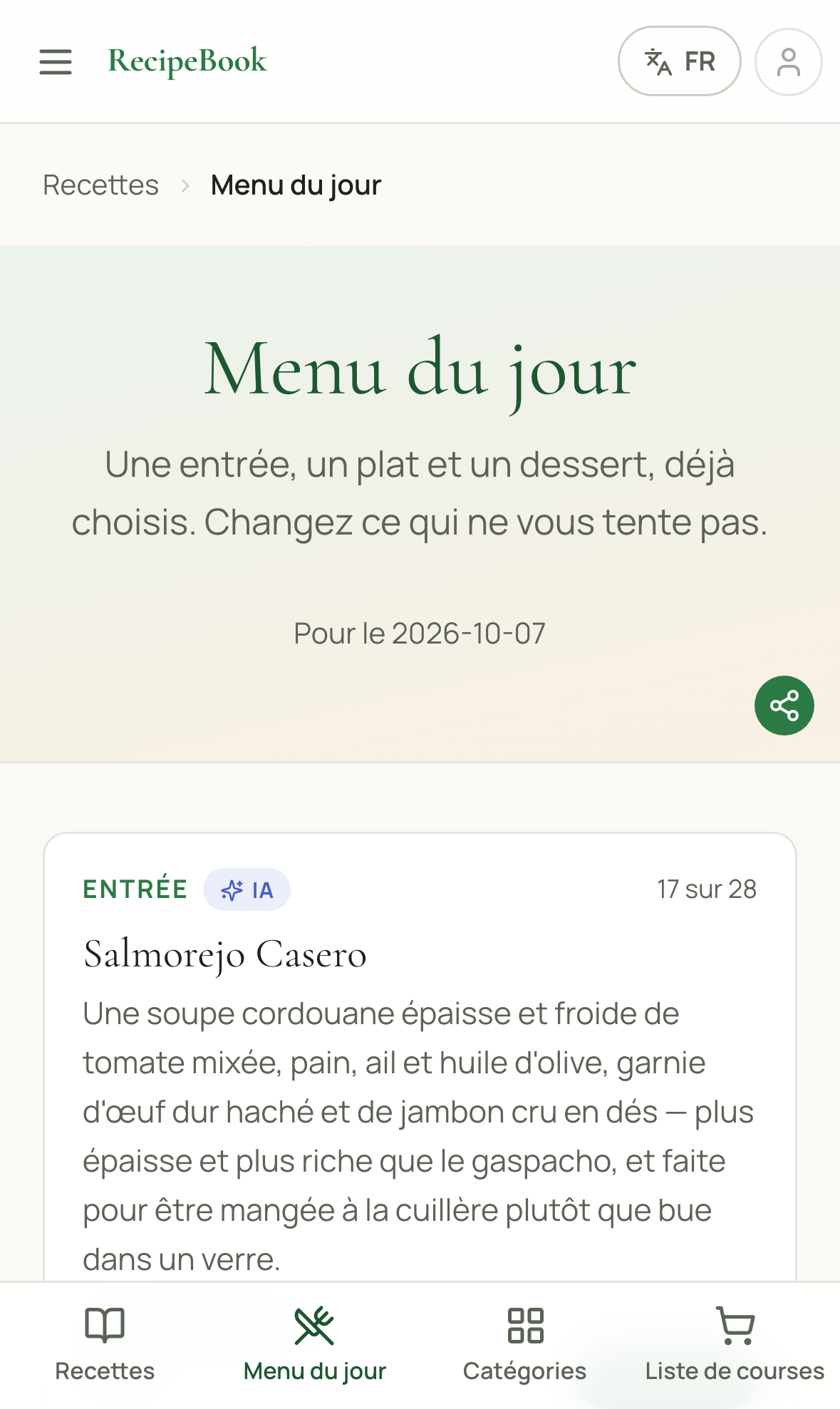 La page du menu du jour montrant une entrée, un plat et un dessert avec un bouton Échanger
