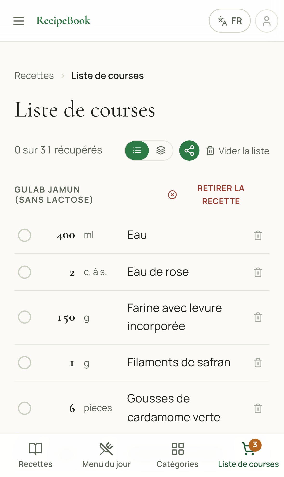 Une liste de courses avec les ingrédients regroupés sous la recette dont ils proviennent