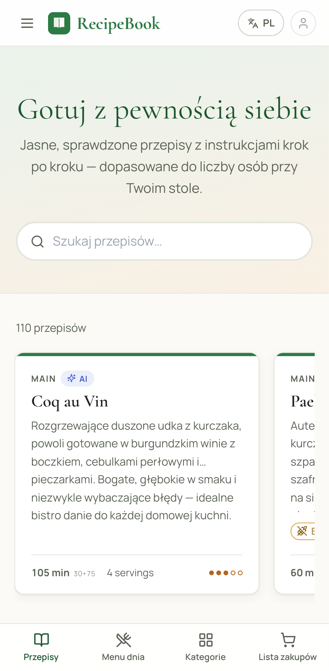 Strona główna RecipeBook otwarta w Chrome na telefonie z Androidem