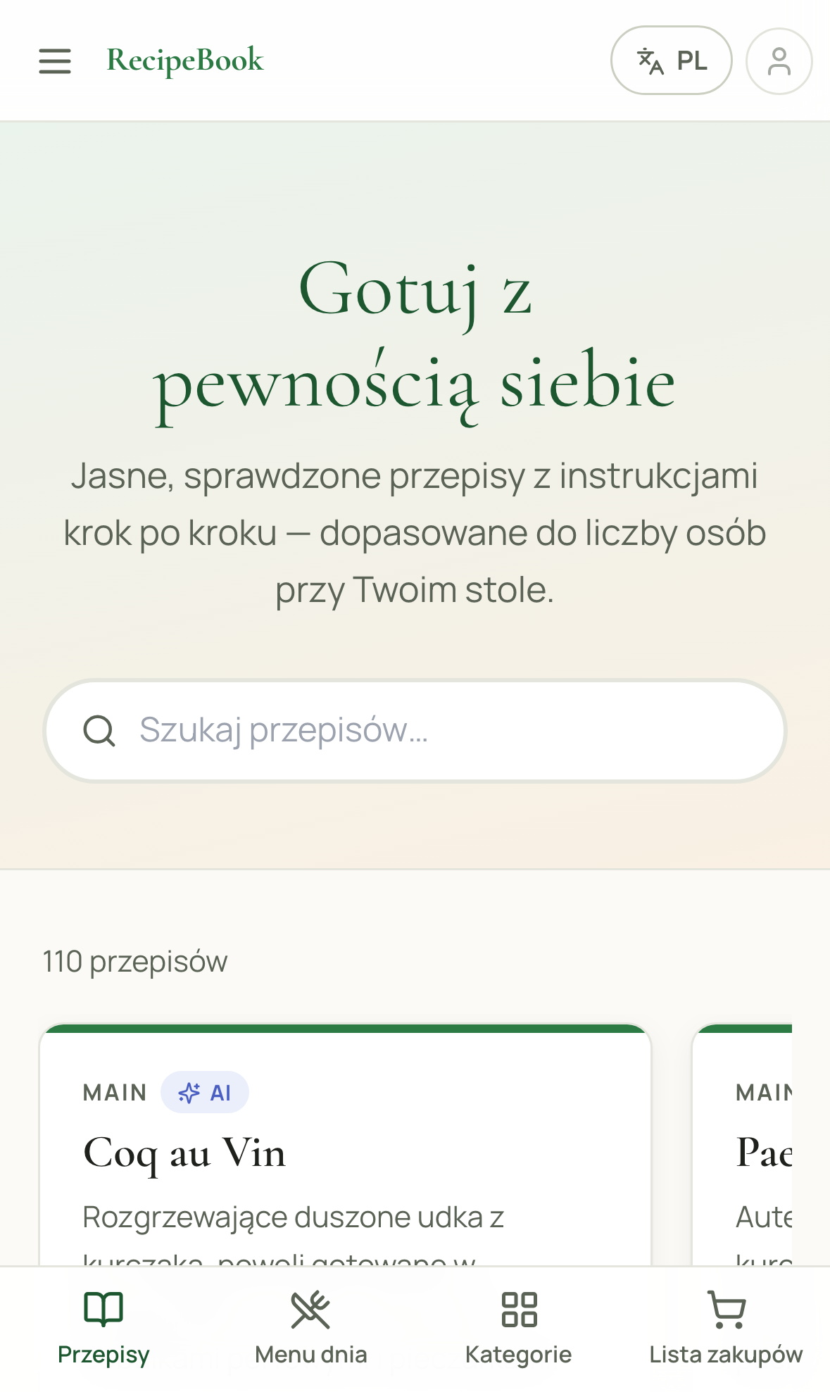 Strona główna RecipeBook otwarta w Safari na iPhonie