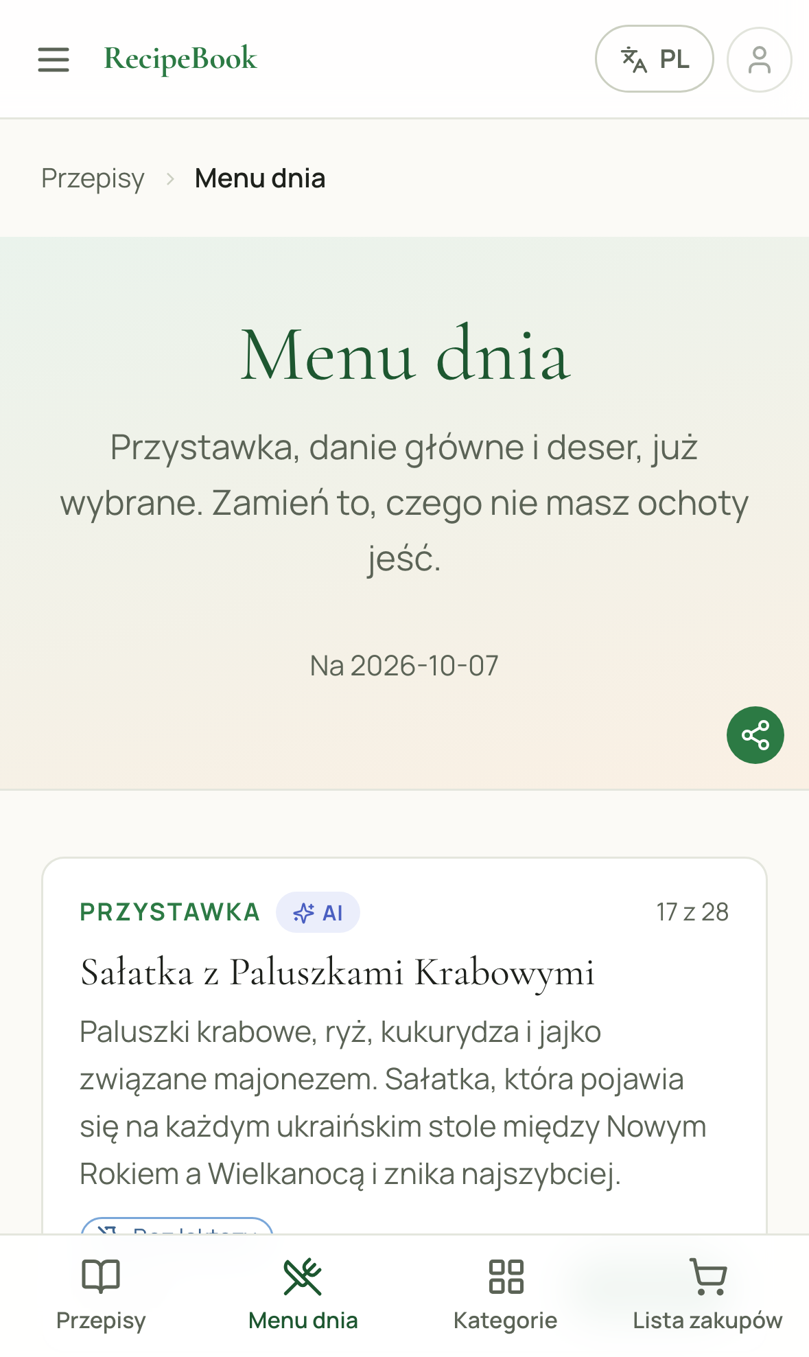 Strona menu dnia pokazująca przystawkę, danie główne i deser z przyciskiem Zamień