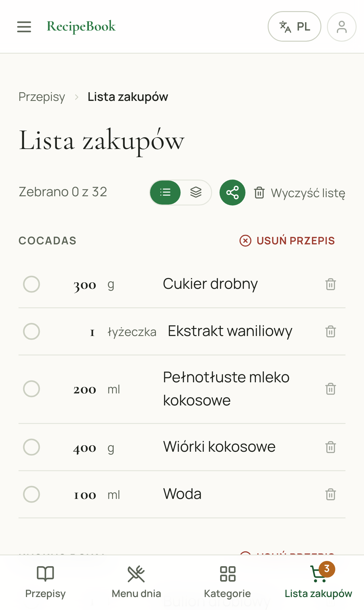 Lista zakupów ze składnikami pogrupowanymi pod przepisem, z którego pochodzą