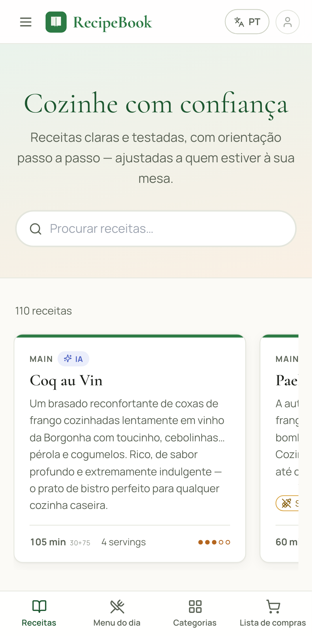 A página inicial do RecipeBook aberta no Chrome num telemóvel Android