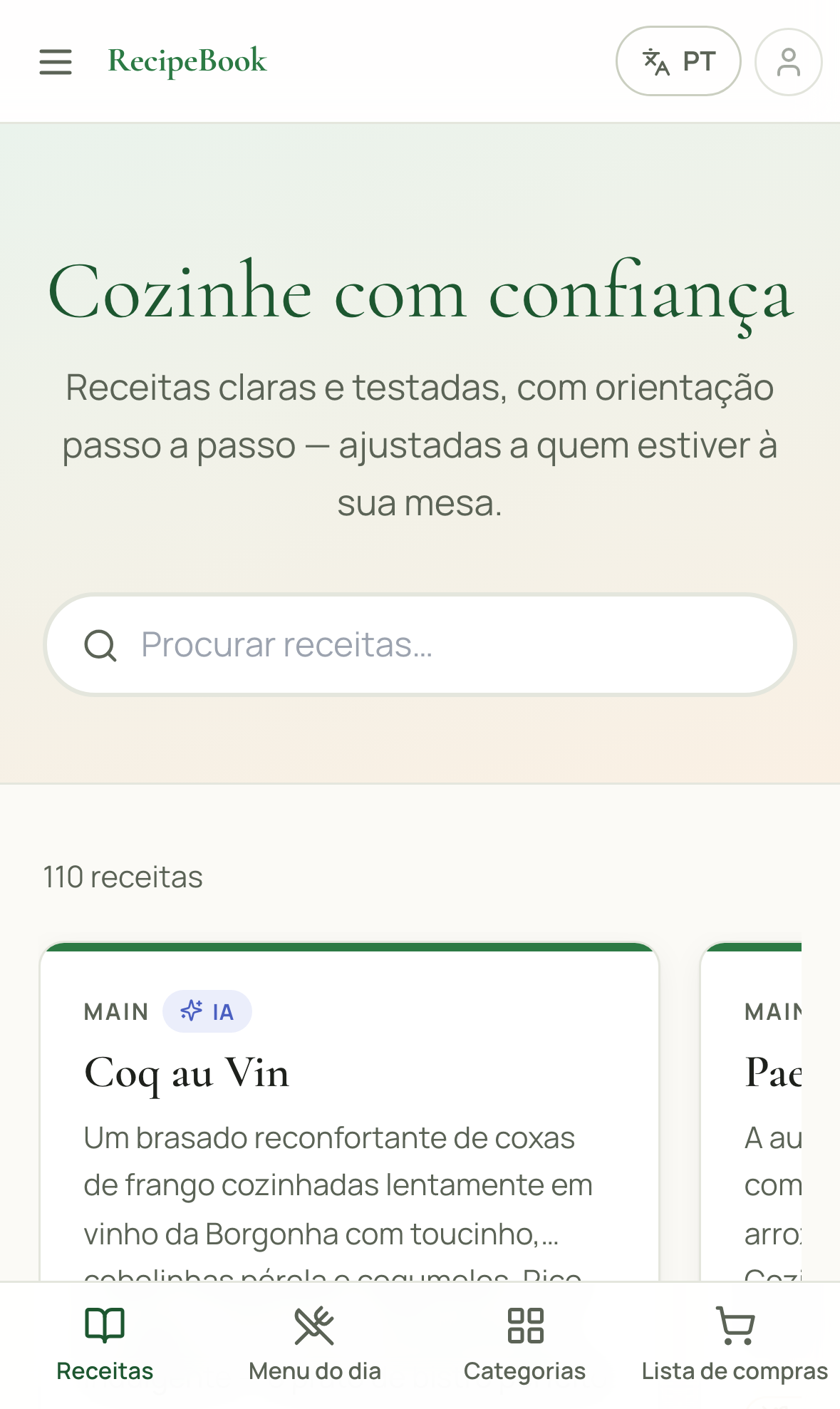 A procurar uma receita na página inicial do RecipeBook