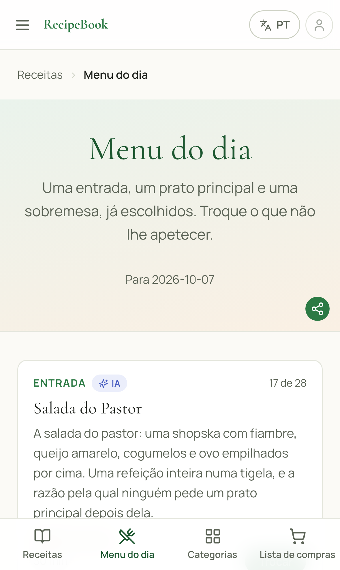 A página do Menu do dia a mostrar uma entrada, prato principal e sobremesa com um botão Trocar