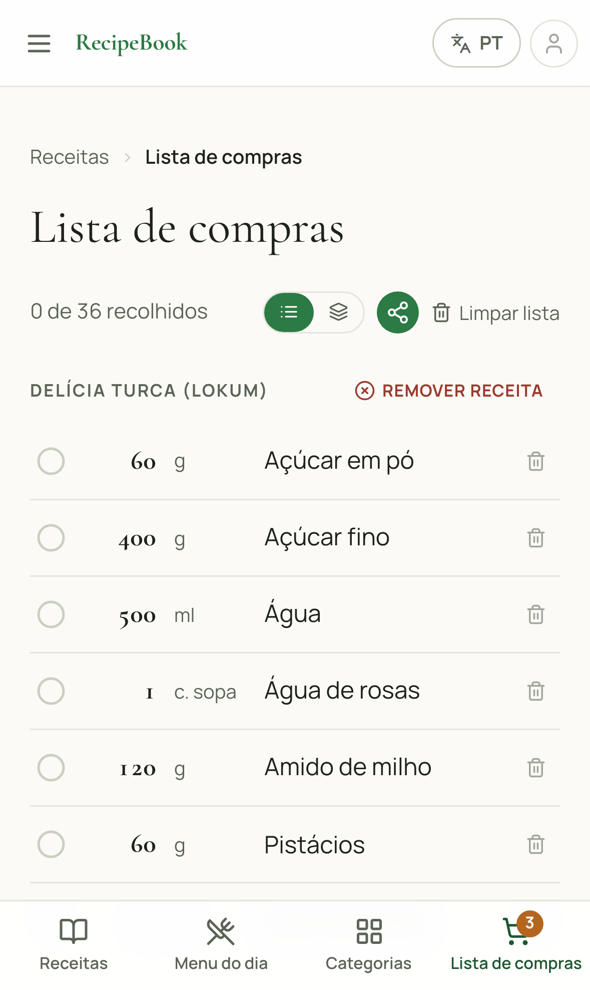 Uma lista de compras com ingredientes agrupados pela receita de onde vieram